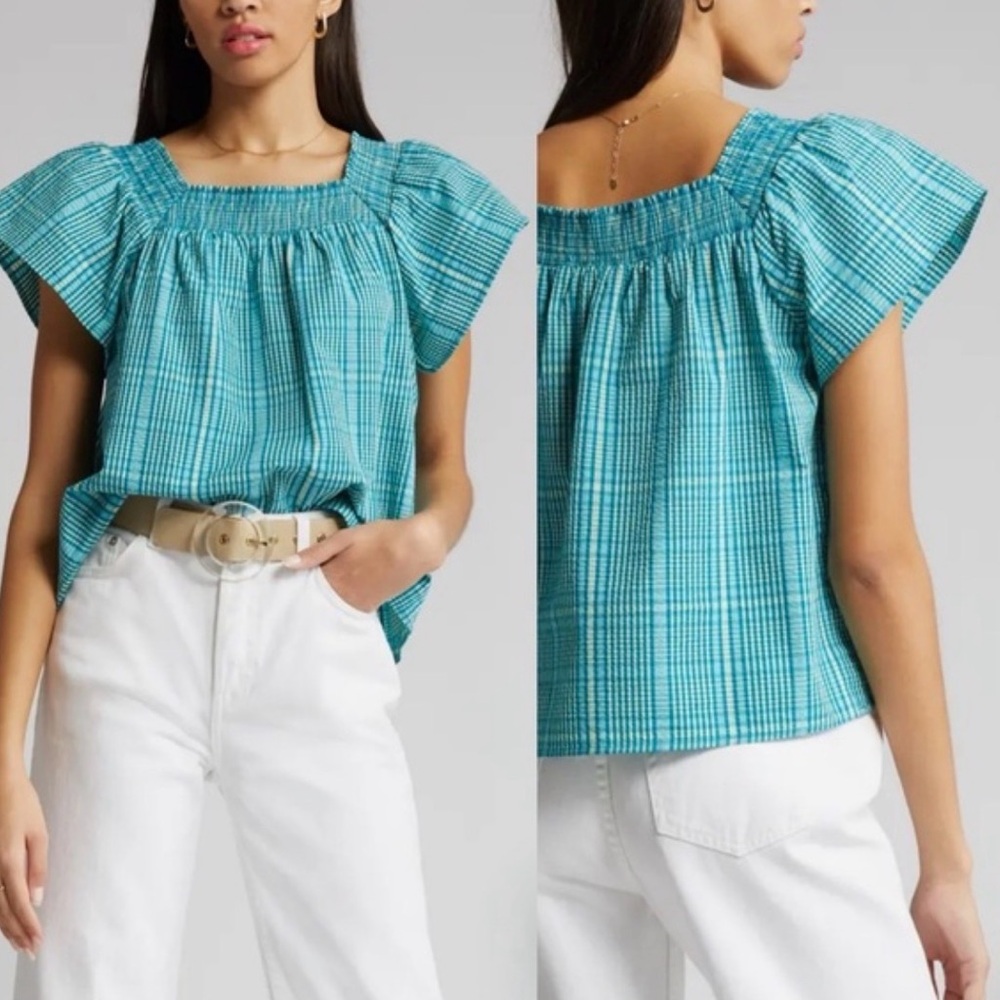 Rails Sonora Top Augusta Mini Check Teal Blue Smocked Blouse Size M